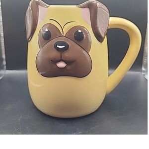 Tag Pug Dog Mug Tan Brown 3D Sculpted Ceramic Coffee Cup Puppy Tail Detail